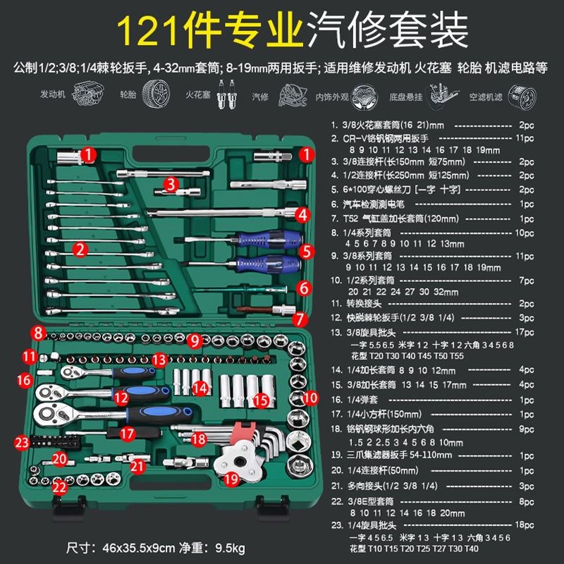 进口远蓝套筒扳手汽修工具套装组套54件套小飞快速棘轮扳手批