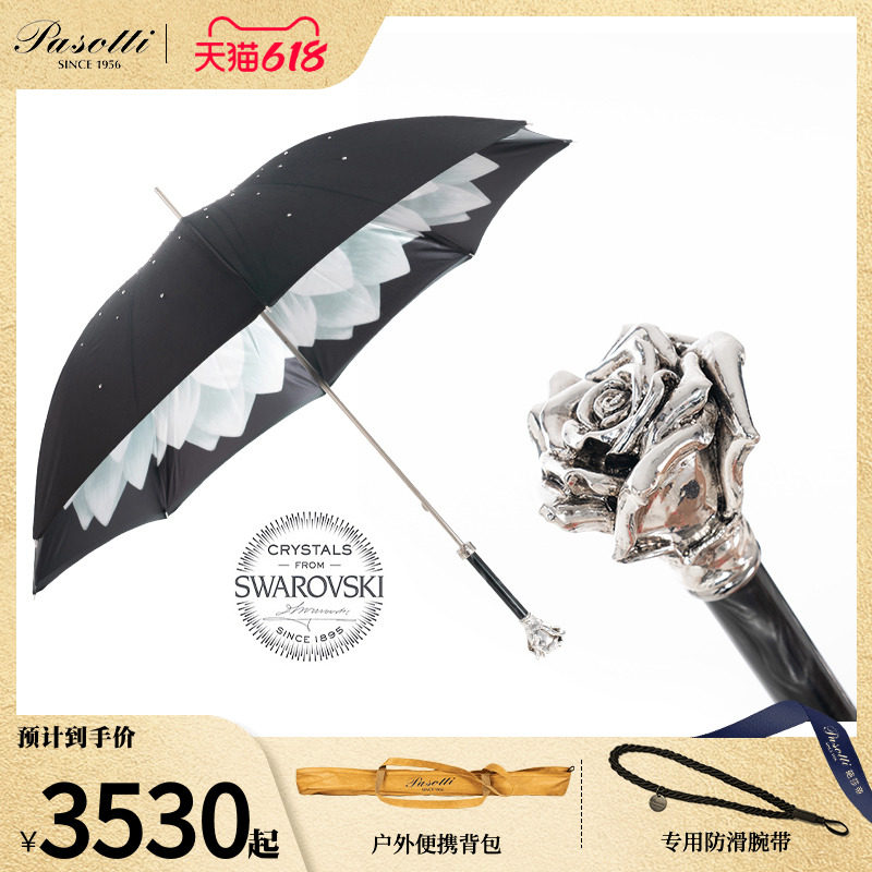 pasotti意大利手工银玳瑁纹握杆树脂镀银玫瑰花手柄女士直柄伞