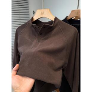磨毛德荣绒打底衫男半高领门筒暗扣t恤男长袖秋冬季青年内搭上衣
