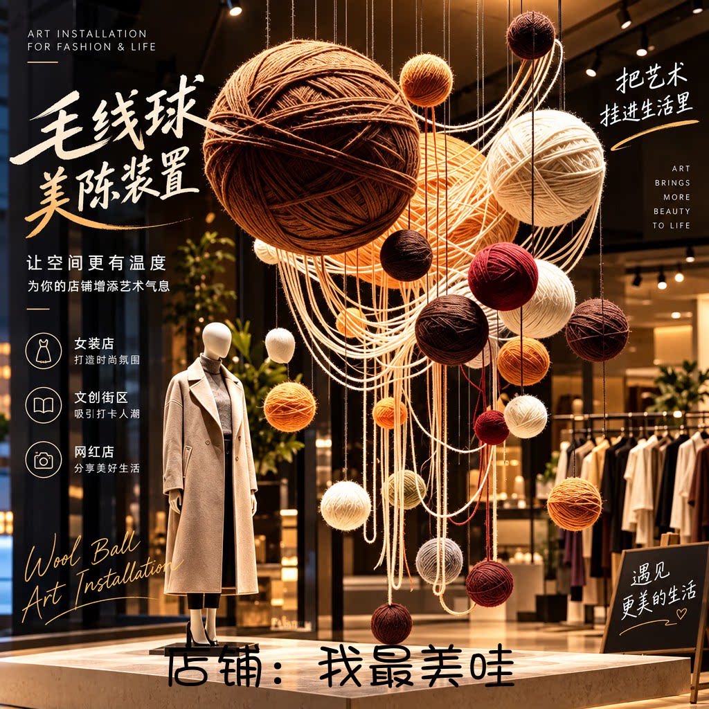 巨型毛线球悬挂美陈橱窗吊饰图片