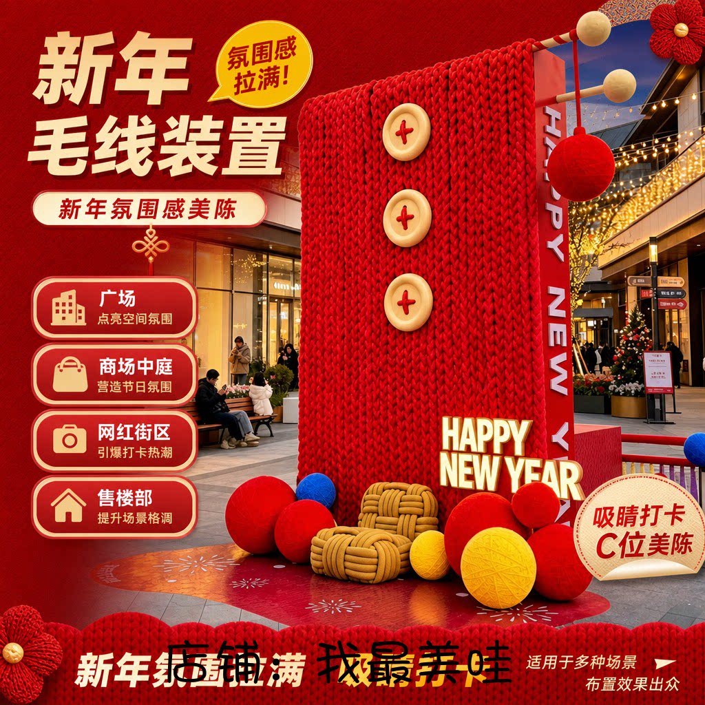新年元旦毛线针织背景墙美陈装置