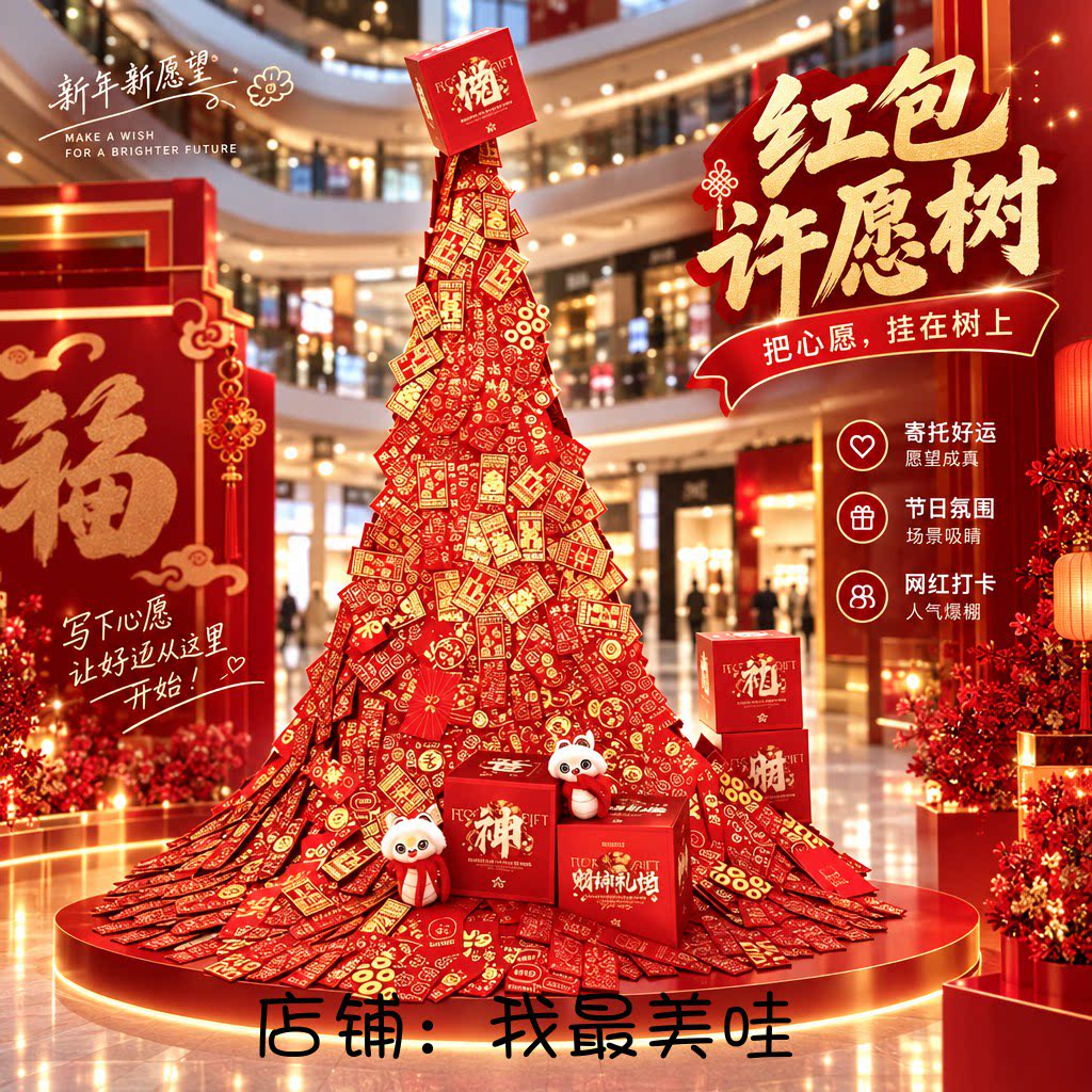 网红大型瀑布红包许愿树美陈定制商场酒店地产节日氛围场景布置