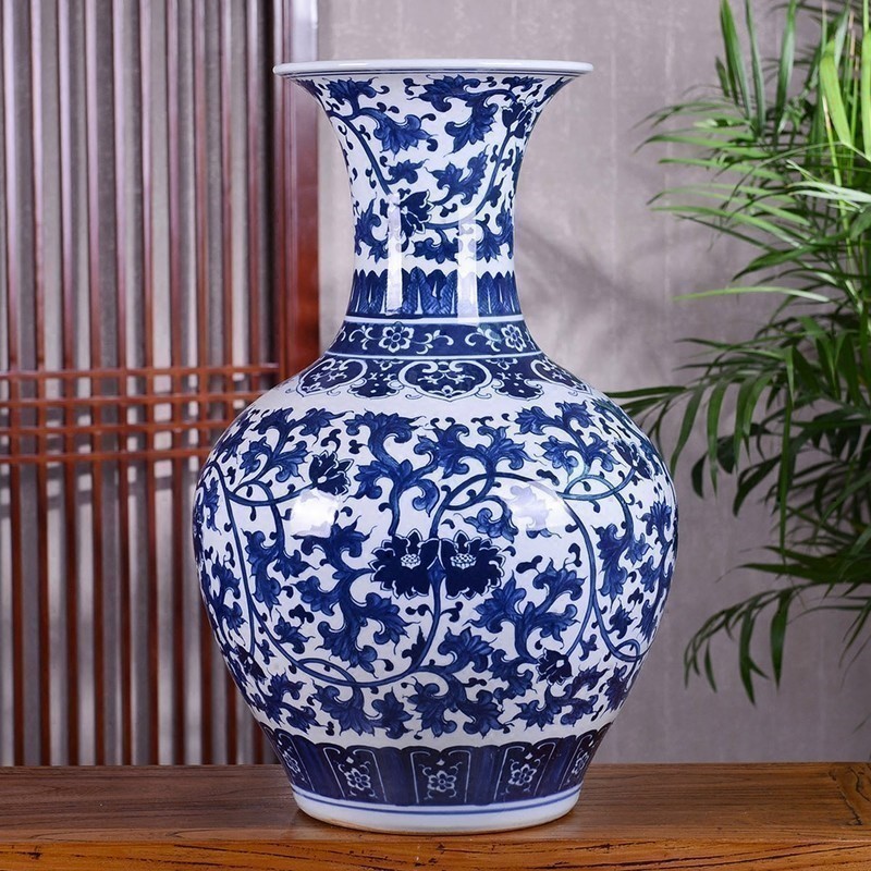 景德镇陶瓷器摆件客厅插花青花瓷彷古手绘落地大花瓶中式家居