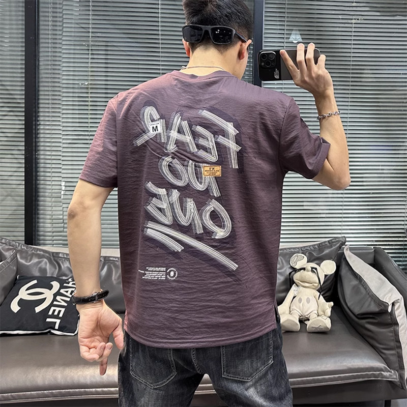 新款夏季2025棉麻短袖t恤男百搭字母印花青年圆领修身透气薄款t恤,男装,T恤,淘宝优惠券,粉丝福利购,淘宝优惠卷