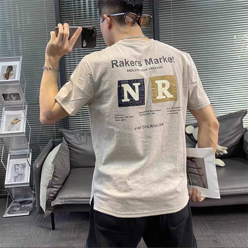 麻棉修身圆领夏季印花短袖T恤男