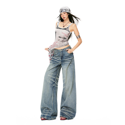 美式复古浅蓝高腰阔腿牛仔裤女裤