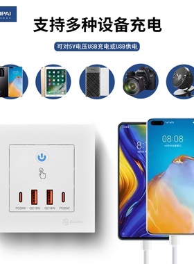赞牌86型暗装白色双usb双type-c口20W带触摸开关220V转5V快充插座
