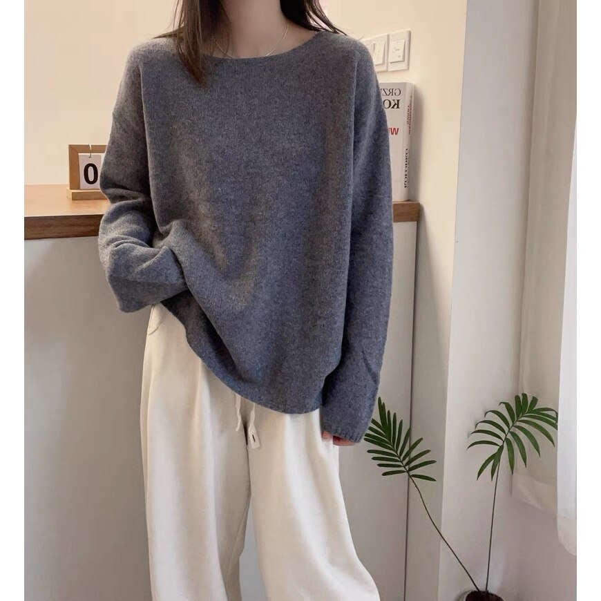 欧美衫女高级感一字领宽松韩版针织衫秋冬新款打底衫大码毛衣