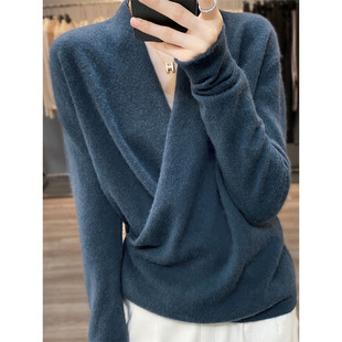 25秋冬新款交叉V领纯羊毛衫女长袖宽松和服针织衫毛衣羊绒衫打底