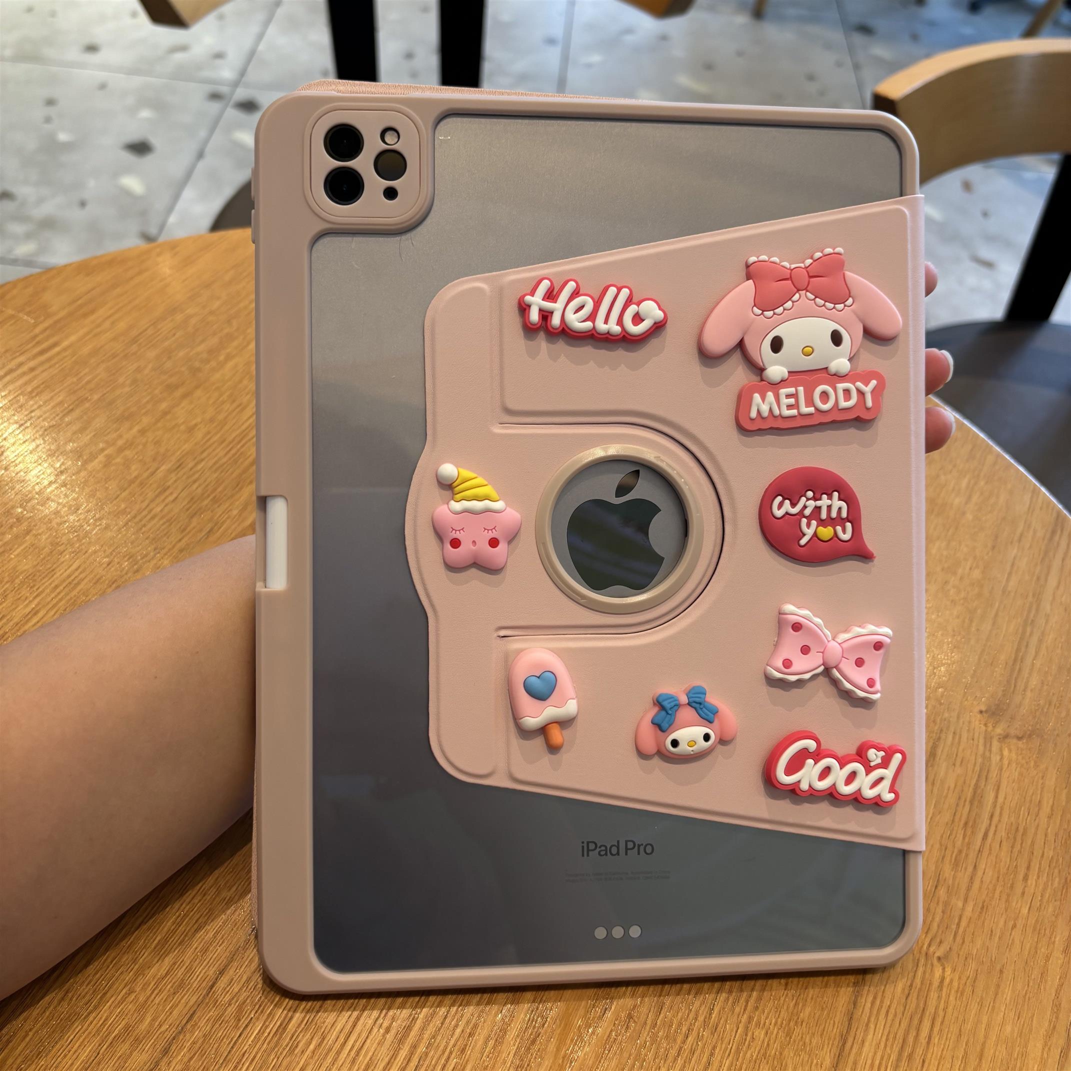 DIY美乐兔适用iPadPro11寸保护套ipad12/11代旋转支架苹果air8/7平板壳卡通可爱隐藏笔糟