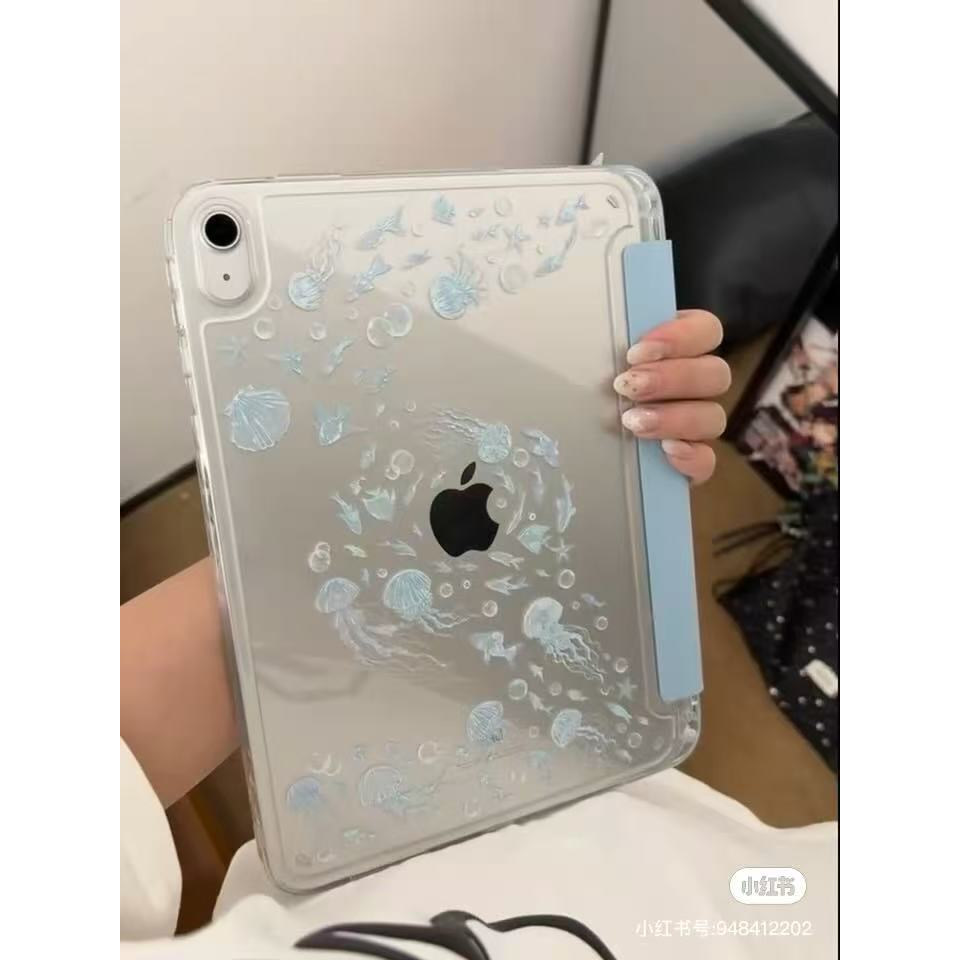 海洋系列水母海浪DIY贴纸蓝色平板壳Y型+三折ipad保护壳2026air8/7/6适用苹果ipad11代保护套10代透明防弯