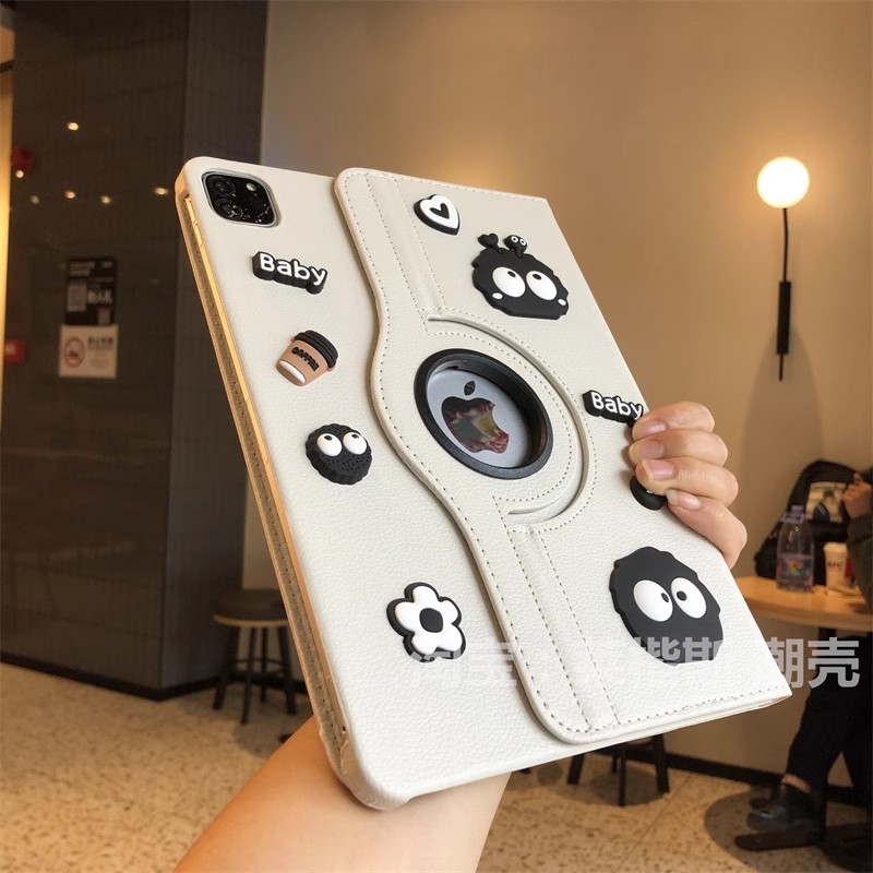 卡通黑煤球DIYipad10代保护套10.2/Pro11/360度旋转皮套Air5适用10.2翻盖式air2平板mini654带支架防摔壳