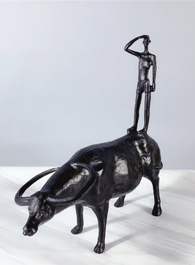 新中式复古黑色铸铁犀牛站立放牛郎装饰摆件创意玄关桌面装饰