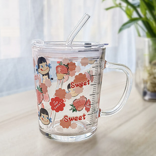 玻璃杯牛奶早餐杯ins吸管杯可爱卡通印花儿童刻度杯子加盖勺印字
