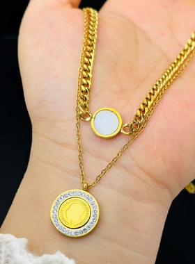 国王钱币圆片不规则钛钢项链时尚气质锁骨链简约百搭金属风项饰女