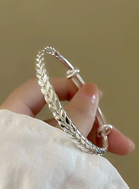民族风岁岁平安麦穗手镯女镀银编织银镯子实心年轻款推拉
