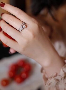 双子星精致轻奢珍珠戒指女925银复古高级小众设计感简约气质指环