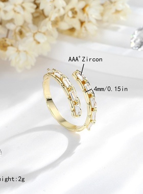 时尚个性高级感开口戒铜制镀14k金指环女可调节锆石银色戒指