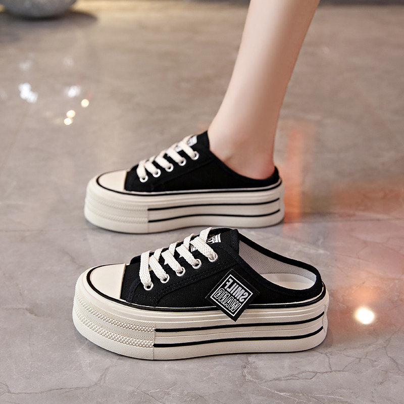 时尚包头帆布半拖鞋女鞋2025夏季新款外穿厚底增高休闲系带凉拖鞋