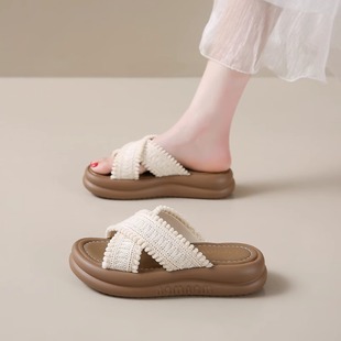 女夏季 法式 三幅厚底编织一字拖鞋 外穿2025新款 凉拖鞋 海边沙滩凉鞋