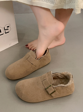 全包加绒勃肯鞋大码女鞋2025新款冬季休闲一脚蹬乐福鞋软底二棉鞋