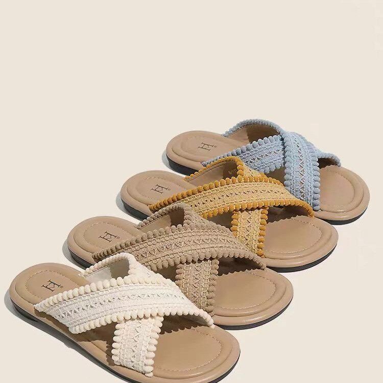 时尚平底一字拖鞋夏季外穿2026新款绝美编织高级感沙滩凉拖鞋女鞋