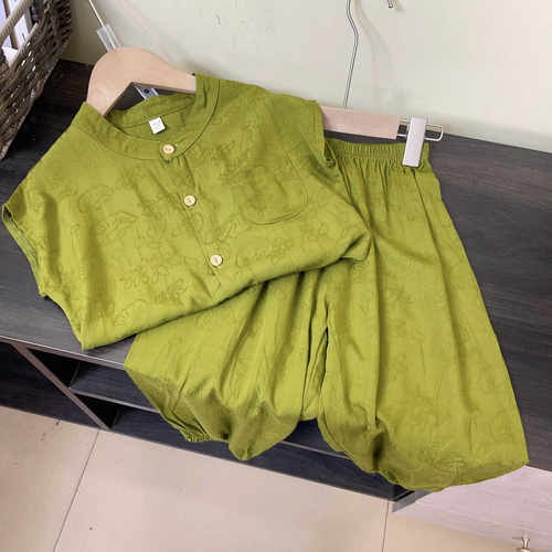 提花款~高品质儿童绵绸短袖长裤两件套 男女宝宝纯色人造棉套装潮