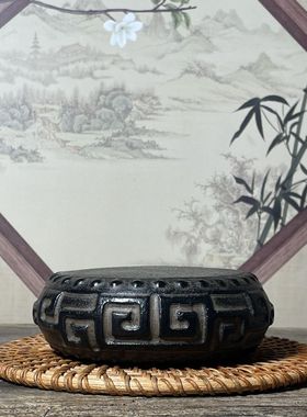 仿古新中式回纹鼓底座摆件古风复古仿石装饰茶桌桌面杯托壶承盖置