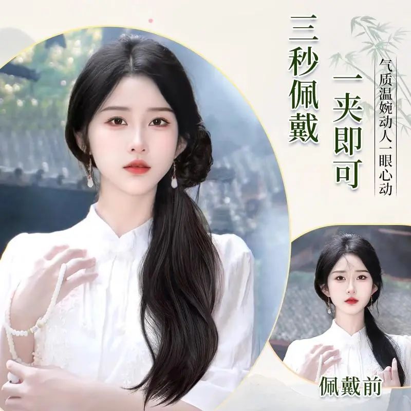 新疆西藏包邮新中式假发辫马尾仿真发古风汉服旗袍侧边抓夹高马尾