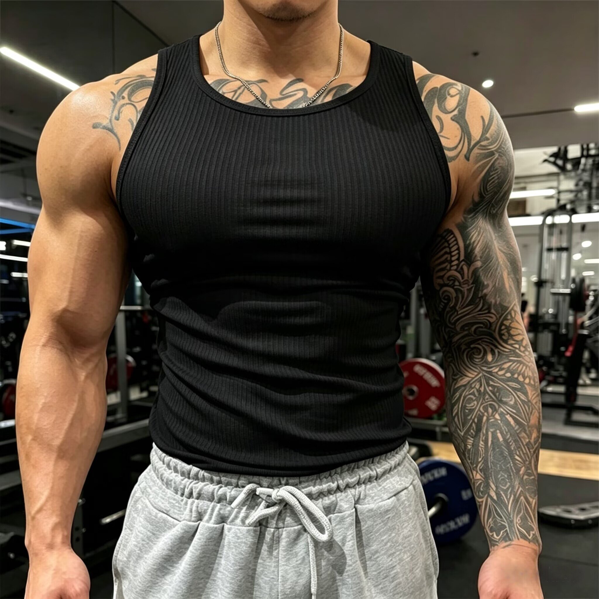 男士夏背心纯色百搭螺纹健身弹力运动修身工字吸汗显肌肉黑色坎肩
