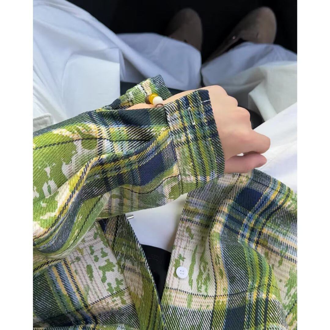 绿色格子衬衫男长袖秋季美式复古扎染设计感上衣宽松休闲衬衣外套,男装,衬衫,淘宝优惠券,粉丝福利购,淘宝优惠卷