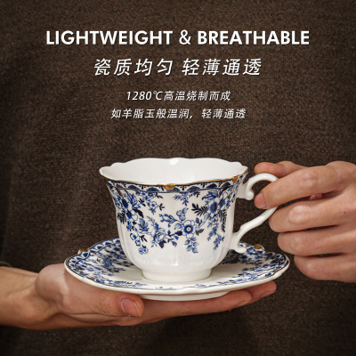 轻奢描金牡丹花纹高颜值咖啡杯碟下午茶杯家用高级感茶杯新款蓝花