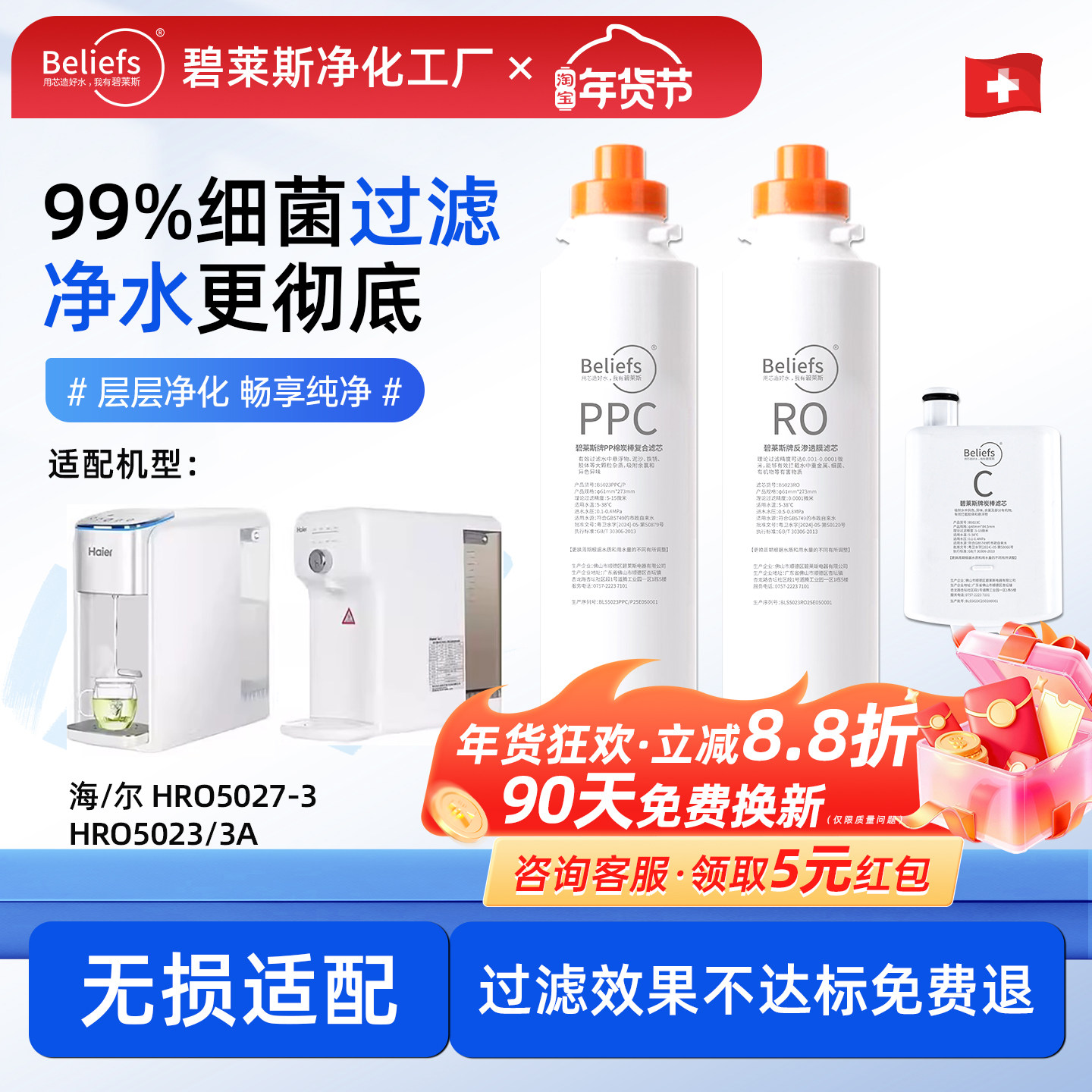 碧莱斯净水器滤芯适配海尔HRO5023-3A/5027-3台式反渗透RO复合PPC