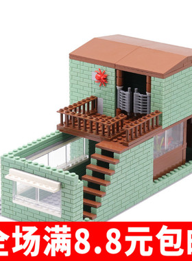 拼装积木绝地求生和平精英二层绿色楼废弃小楼假车库阳台楼梯房屋