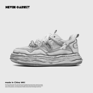 男 厚底内增高7cm休闲板鞋 脏脏鞋 男女情侣小众复古擦色做旧溶解鞋