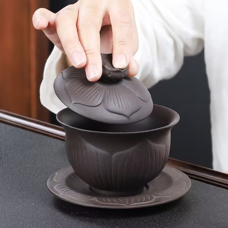 紫砂紫砂盖碗茶杯功夫茶具紫泥大号三才盖碗功夫茶碗冲茶盖碗图片