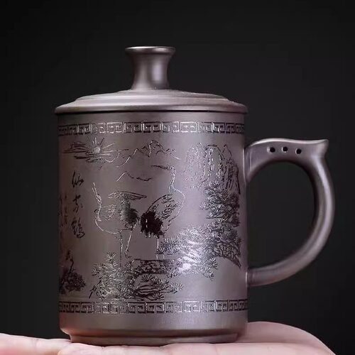 紫砂水杯办公杯家用陶瓷杯带盖马克杯喝水杯泡茶杯紫砂茶杯