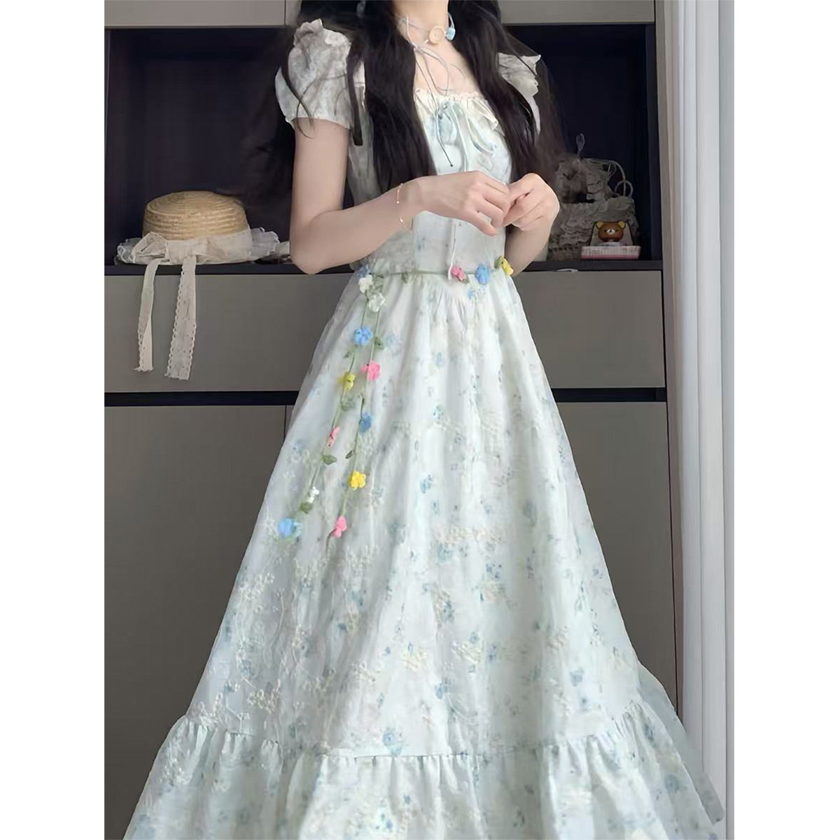 法式甜美碎花泡泡袖洋装女夏日绝美公主裙收腰度假风仙女长裙子