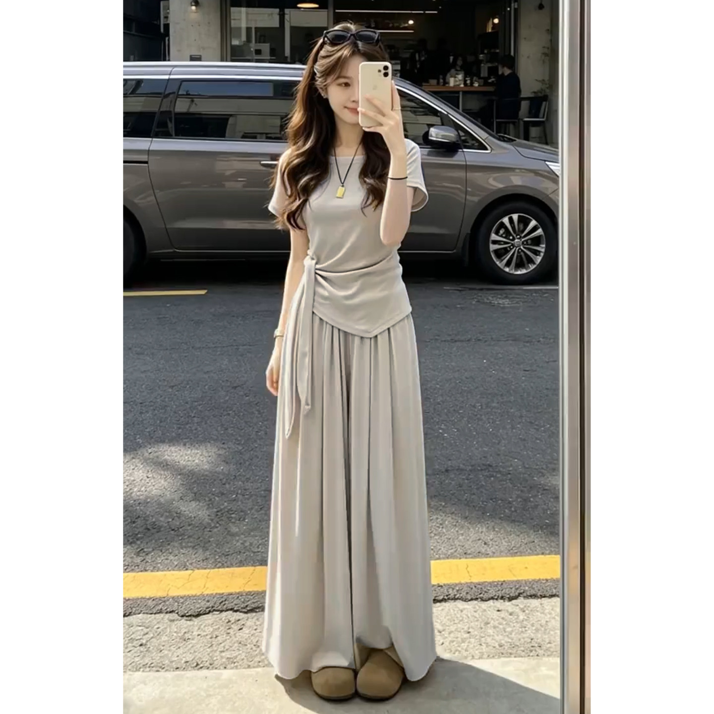 夏季巨好看ootd穿搭一整套2026新款短袖T恤女阔腿裤休闲两件0528z
