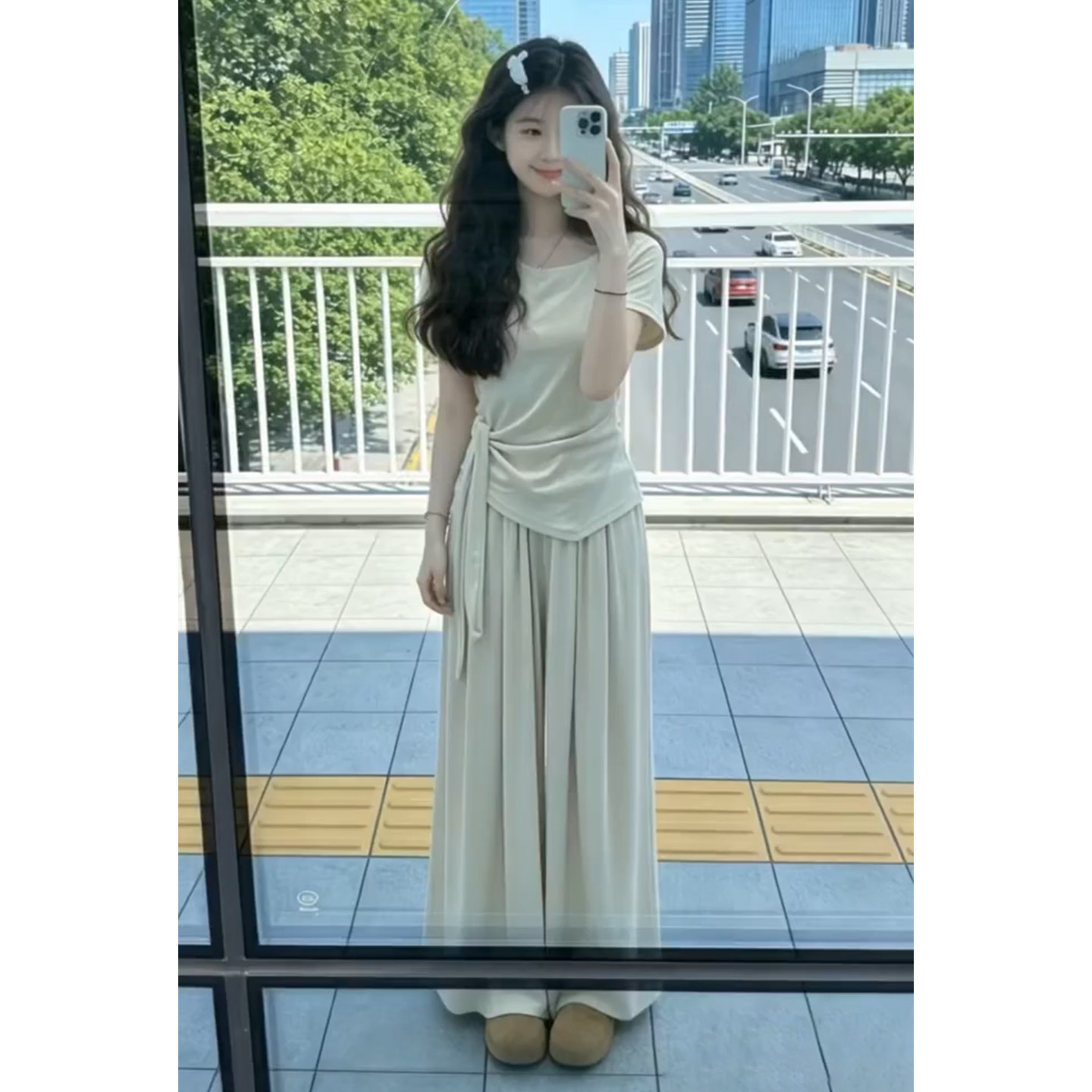 夏季巨好看ootd穿搭一整套2026新款短袖T恤女阔腿裤休闲两件0528z
