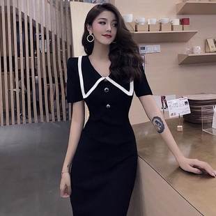 夏季很仙的中长款针织冰丝T恤裙子开叉收腰包臀性感娃娃领连衣裙