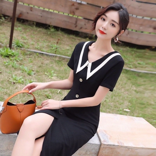 夏季短袖连衣裙女2026新款娃娃领中长裙大码洋气雪纺连衣裙女款