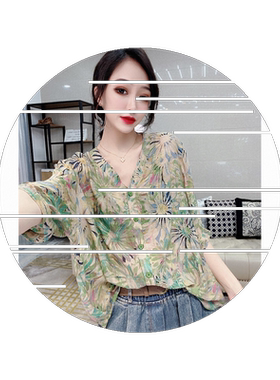 欧洲站2026新款减龄碎花上衣女士短袖夏宽松显瘦烫钻雪纺v领衬衫