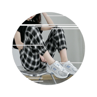 灯笼裤学生韩版宽松女春秋薄款黑白格子束脚裤显瘦九分休闲运动裤