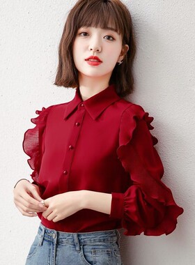 春装2026年新款时尚长袖红色衬衫女士春款气质雪纺上衣早春季