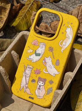 芒果黄色苹果15可降解手机壳小麦壳iPhone14猫咪13promax适用12简约软壳可爱风vivo小米14红米k70小米novaP50