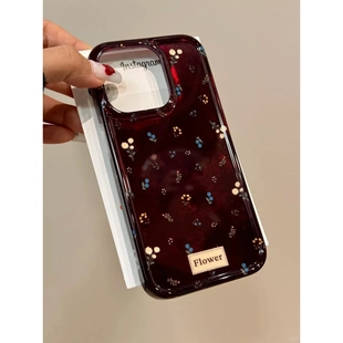 焱焱酒红碎花适用苹果15promax手机壳iphone16pro小众12华为mate60新款pura70/vivo小米14红米note13荣耀oppo