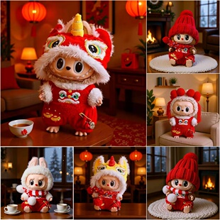 一二三代拉布布labubu盲盒玩偶娃衣新年吉祥舞狮套装挂件公仔着替