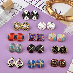 中古摩登风珐琅彩釉个性 vintage复古西洋时髦耳环 银针耳钉女