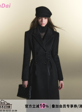 HiimDai 留洋大小姐Air 超模沙漏腰版型 绑带收腰双排扣毛呢大衣